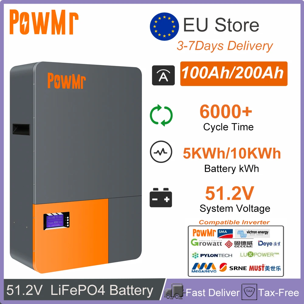 PowMr 51.2V 200AH 100AH Powerwall LiFePO4 Batteries 5KWH 10KWH With Charge Current 100A ≥6000 Cycle Times RS485 CAN 16S EU Stock