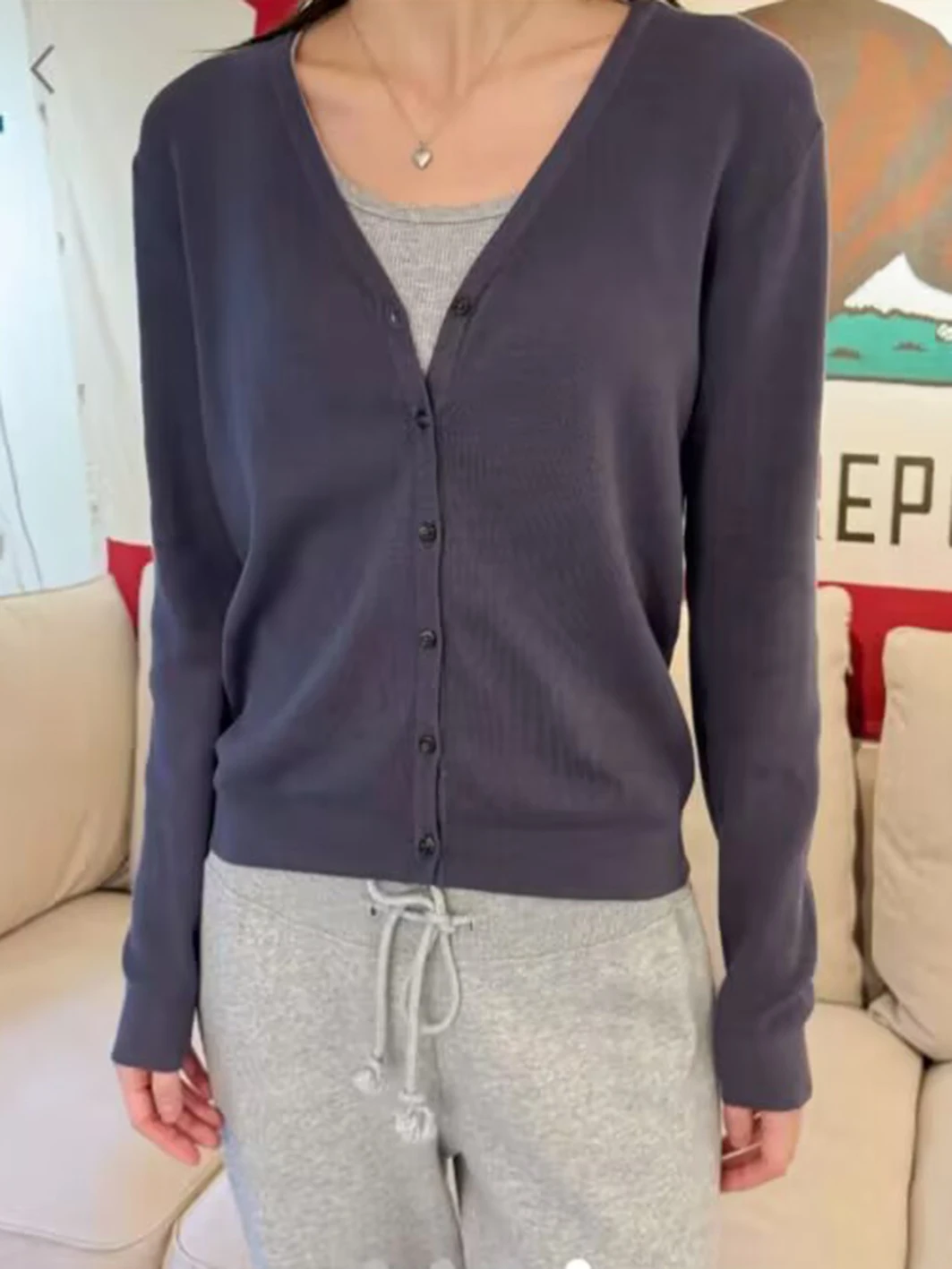 Cardigan en coton bleu marine à col en V pour femmes, pulls adt simples à manches longues, manteau vintage doux, tricots de style preppy, printemps