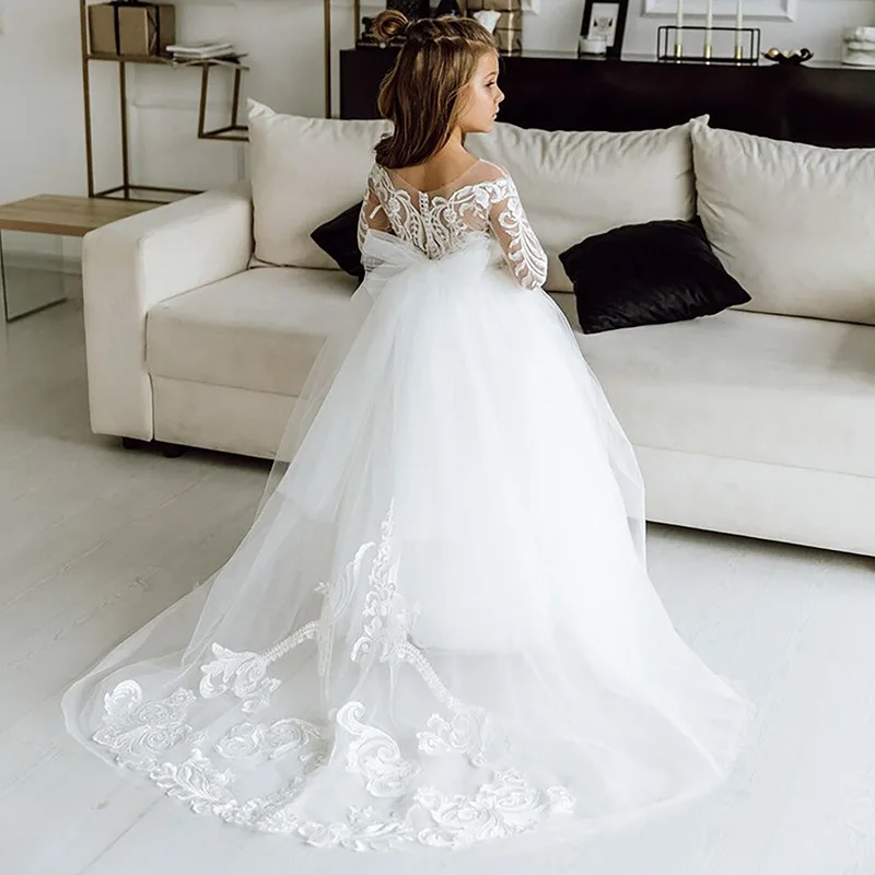 

Cute Flower Girls Dress With Sleeves For Wedding Party Lace Puffy Bow Princess Ball Gown Little Girls Birthday Outfits