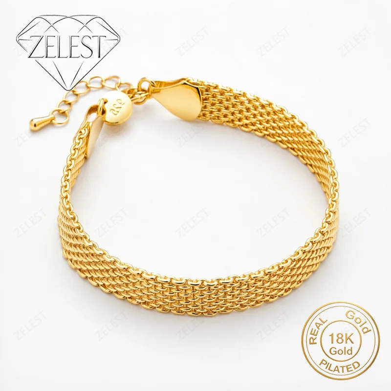 925 Sterling Silver 18K Gold Plated 8-inch 10mm Delicate Braided Bracelet for Women, Fashionable Wedding Party Jewelry