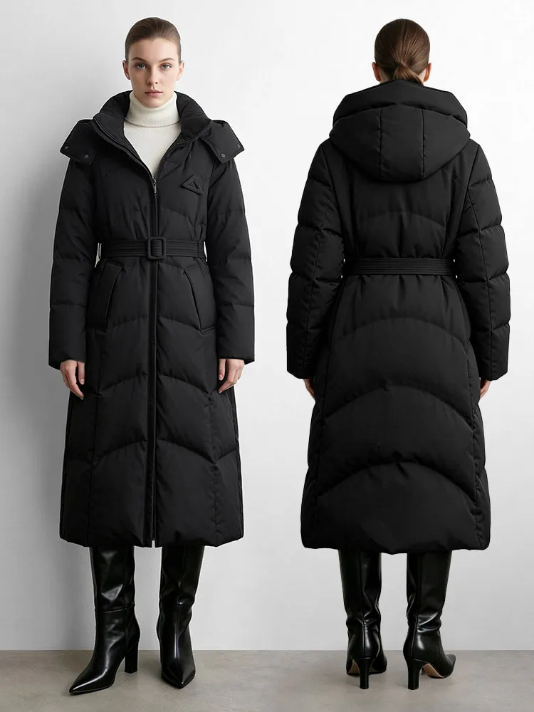 Amii Hooded Long Down Jacket with Belt Oversized Warm Slimming Commuter Minimalist Women Thickened Winter Jackets 2644039