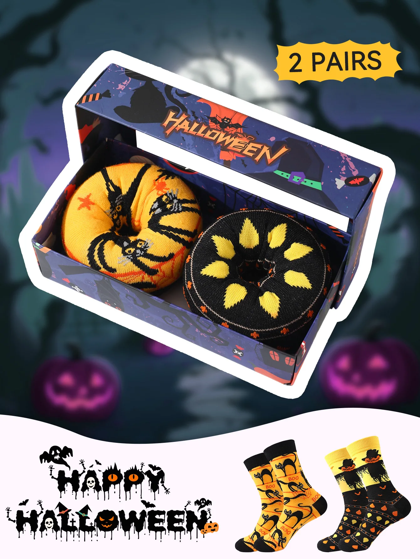 2 пары мужских и женских носков с уникальным и креативным дизайном, в форме пончика и веселыми подарками на Хэллоуин и другие праздники.