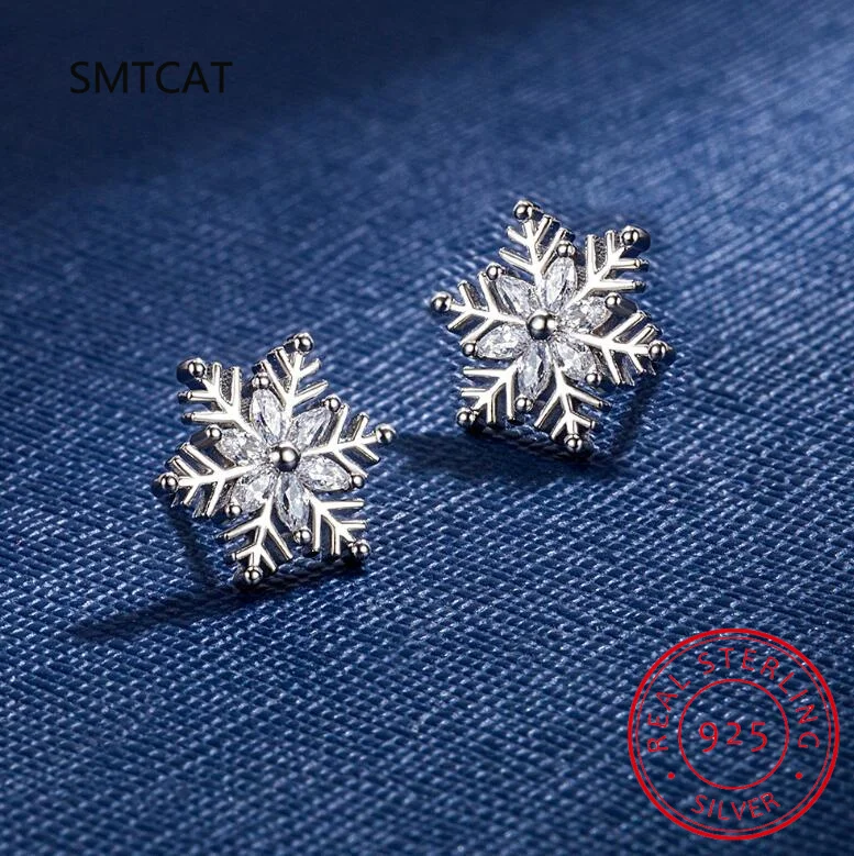 925 Sterling Silver Korean Fashion Small Snowflake Diamond Zircon Earrings Necklace Set Female Sweet Flower Couple