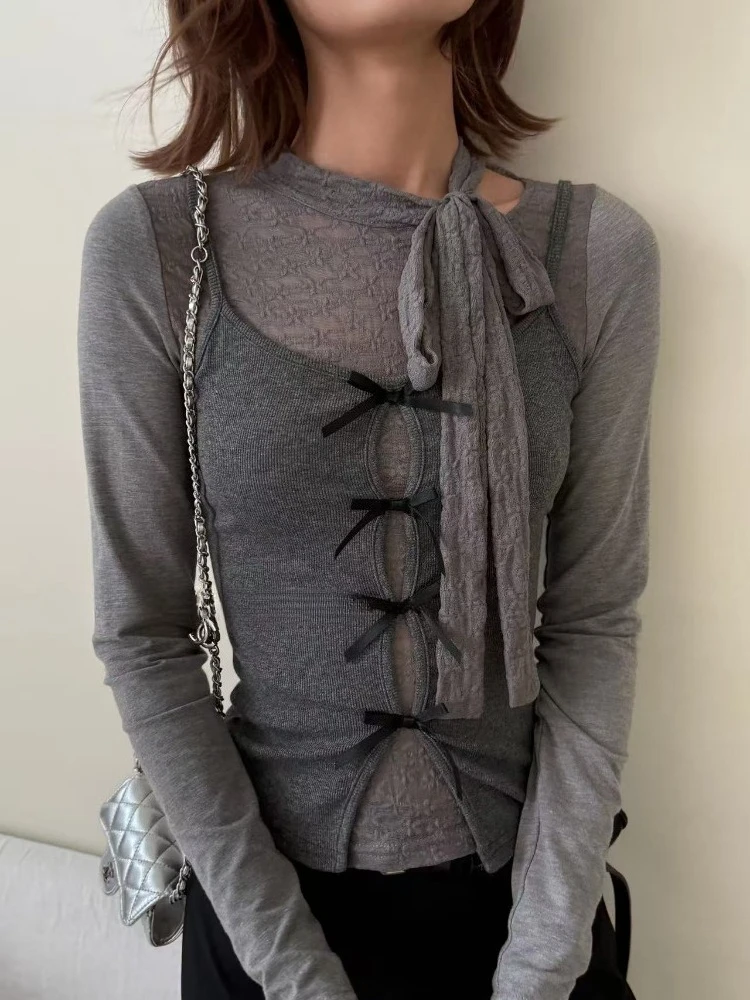 Harajuku Fashion Long-Sleeve Lace Shirt 2025 New Women's Autumn Gray T-Shirt Slim Fit Pretty Vest Tops Elegant Two-Piece Set Ins