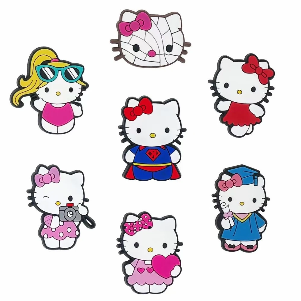 

7pcs New Hello Kitty Shoes Charms Accessories Fit Clog Backapck Wristbands sandales Decorate Buckle Christmas Parties Kids Gift