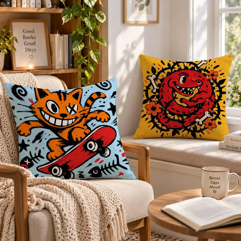 Art Retro R-Retro Cartoon Monster Doodle Cushion Cover Soft Short Cover Washable Sofa Bed Dorm Garden Home Office Chair Decor