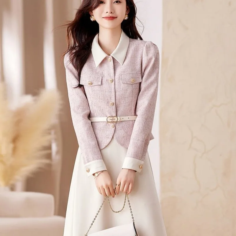 New High End Contrast Color Women's Coat Elegant Korean Fashion Slim Waist Long Sleeve Small Fragrant Solid Color Jacket Autumn