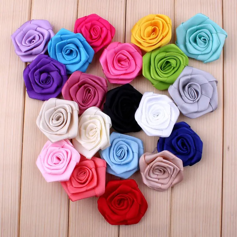 4cm 20colors Mini Satin Ribbon Rose Flowers For Girls Hair Accessories Artificial Fabric Flowers For Kids Headbands