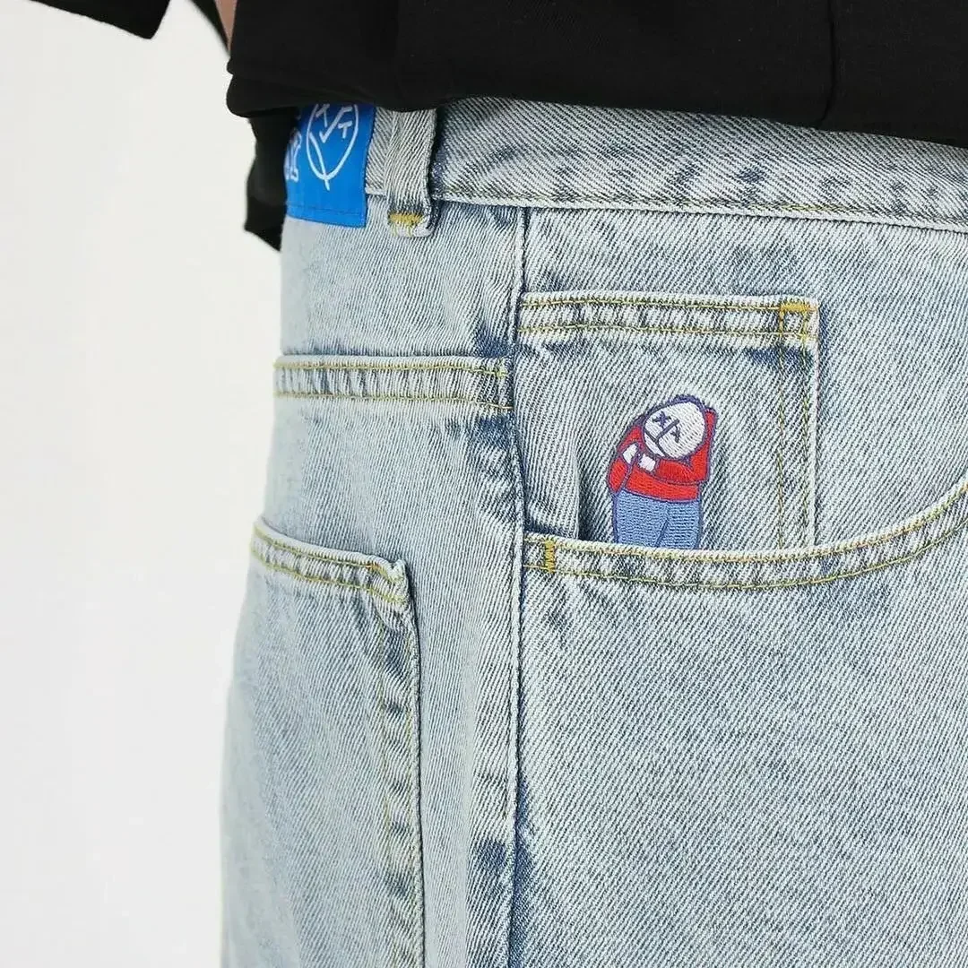 Jeans polares com desenhos animados bordados para homens e mulheres, calças largas, góticas, cintura alta, azul retrô, hip hop, menino grande, y2k