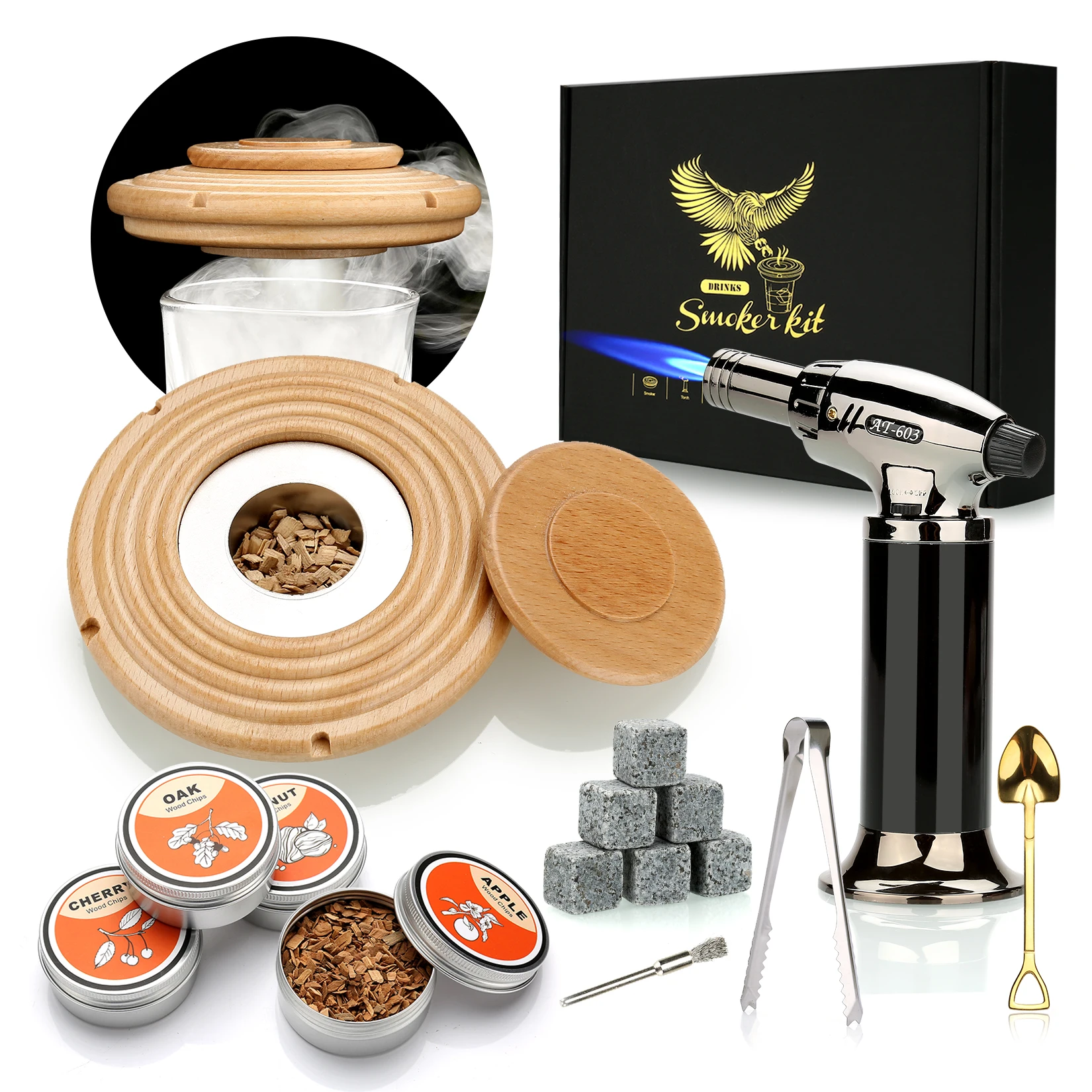 Cocktail Smoker Kit With Torch 4 Wood Chips Whiskey Stones Spoon Ice Tong Smoker Accessories Without Butane For Bartender