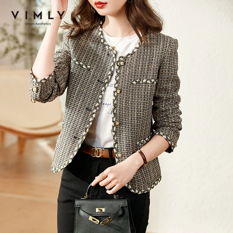 Vimly Short Tweed Jackets for Women 2023 Autumn Winter Korean Fashion Long Sleeve Elegant  Jacket Coat Outerwear Clothes V0813