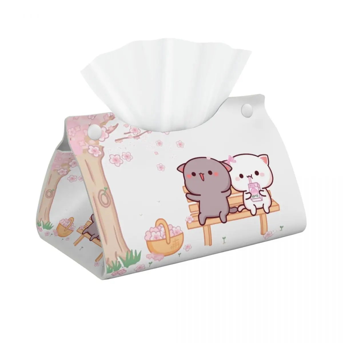 Custom Peach And Goma Tissue Box Holder Rectangular Cartoon Mochi Cat PU Leather Facial Tissue Box Cover for Car Bathroom