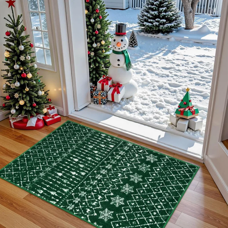 Christmas carpet green by mat indoor flannel decoration snowflake holiday bedroom floor mat 61X90cm