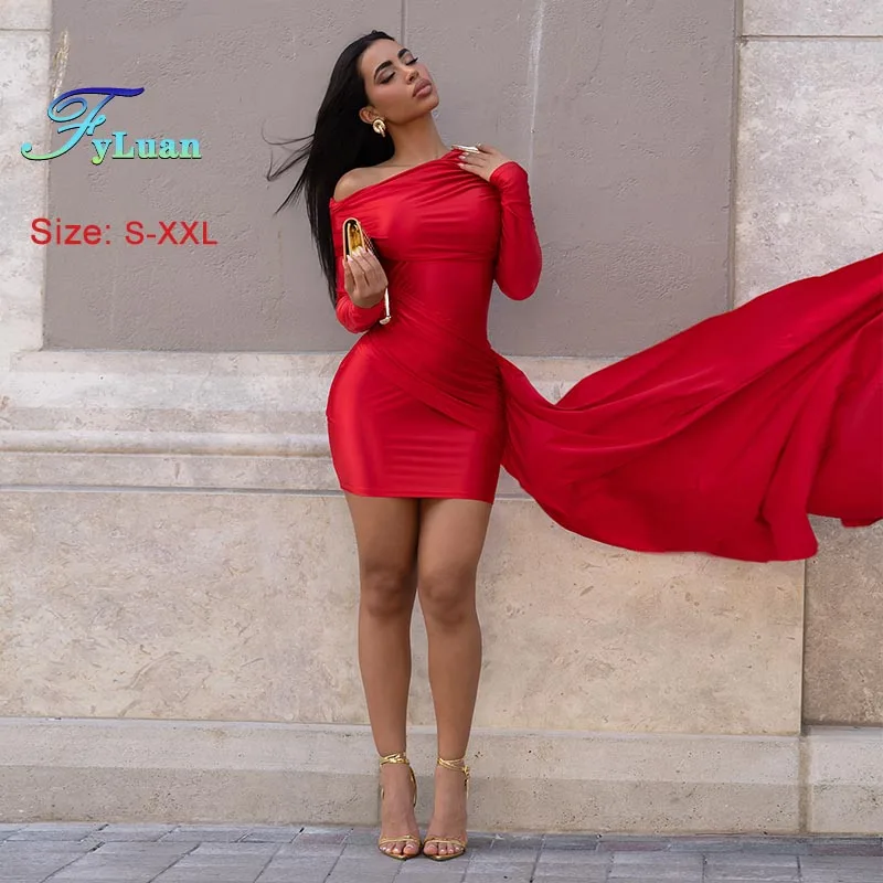 2025年ファッション レディース ミニドレス 無地 斜め肩 長袖 ボディコンドレス リボン付き ディナードレス レッド セクシー ミディアムドレス