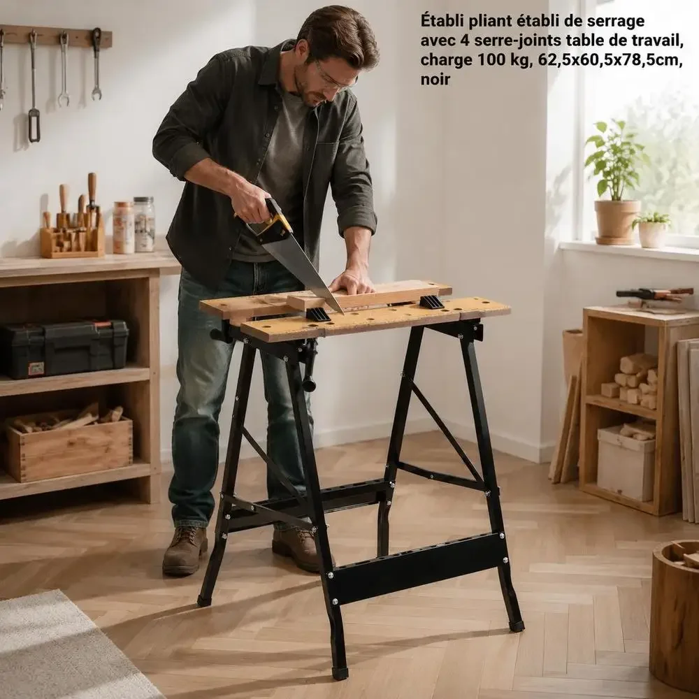 Établi pliable en MDF 62,5 x 60,5 x 78,5 cm avec plateau à deux panneaux et chevilles réglables, multifonction, table de travail, chevalet, atelier, garage, rangement facile, espace maison, studio, métal