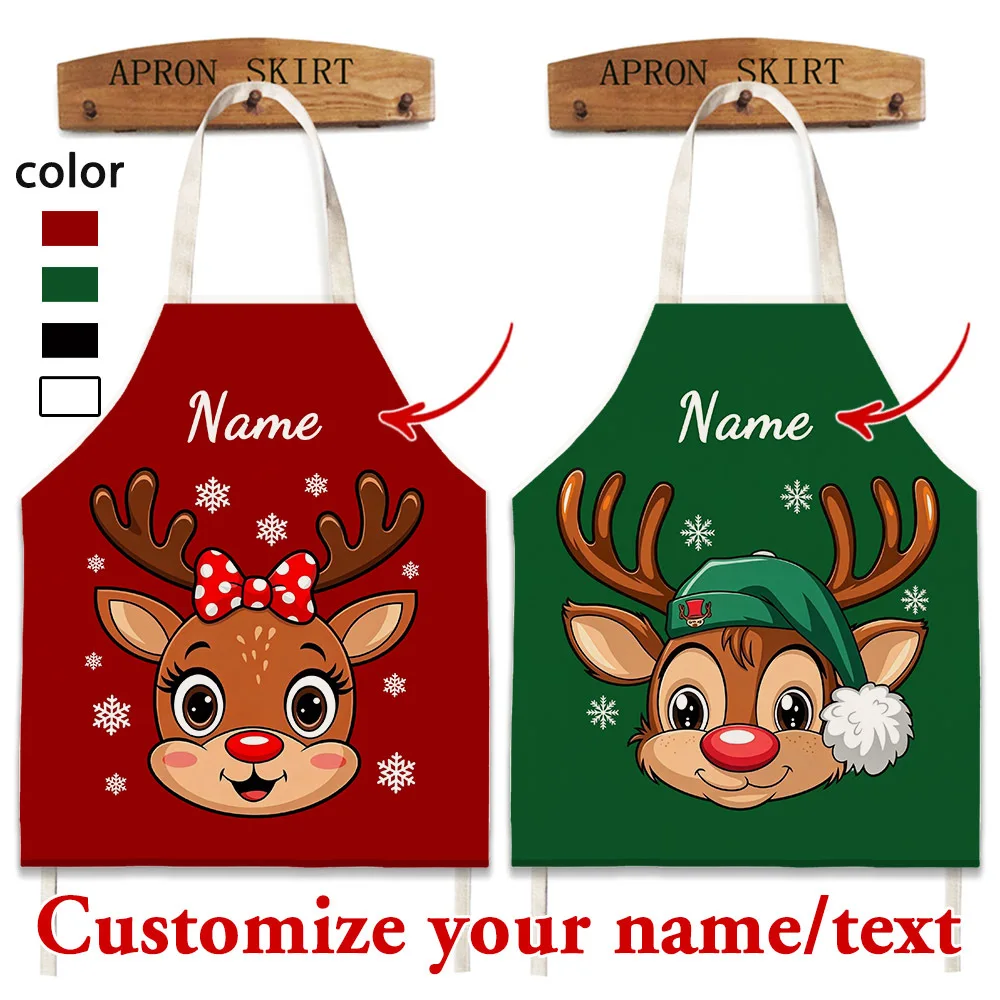 1PC Custom Christmas Apron Personalized Name Slogan Cute Bow Reindeer Cooking Baking Kitchen Apron for Women Men Xmas Gift