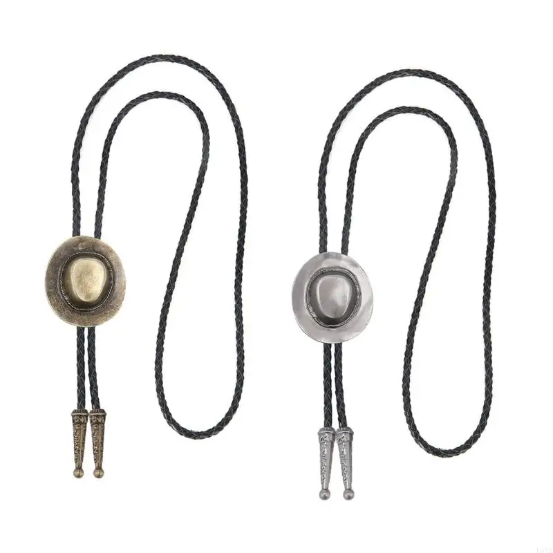 

L5YA Western Bolo Tie With Cowboy Hat Detail Metal Pendant Necktie Leather Bolo Tie For Formal Occasion And Everyday Use