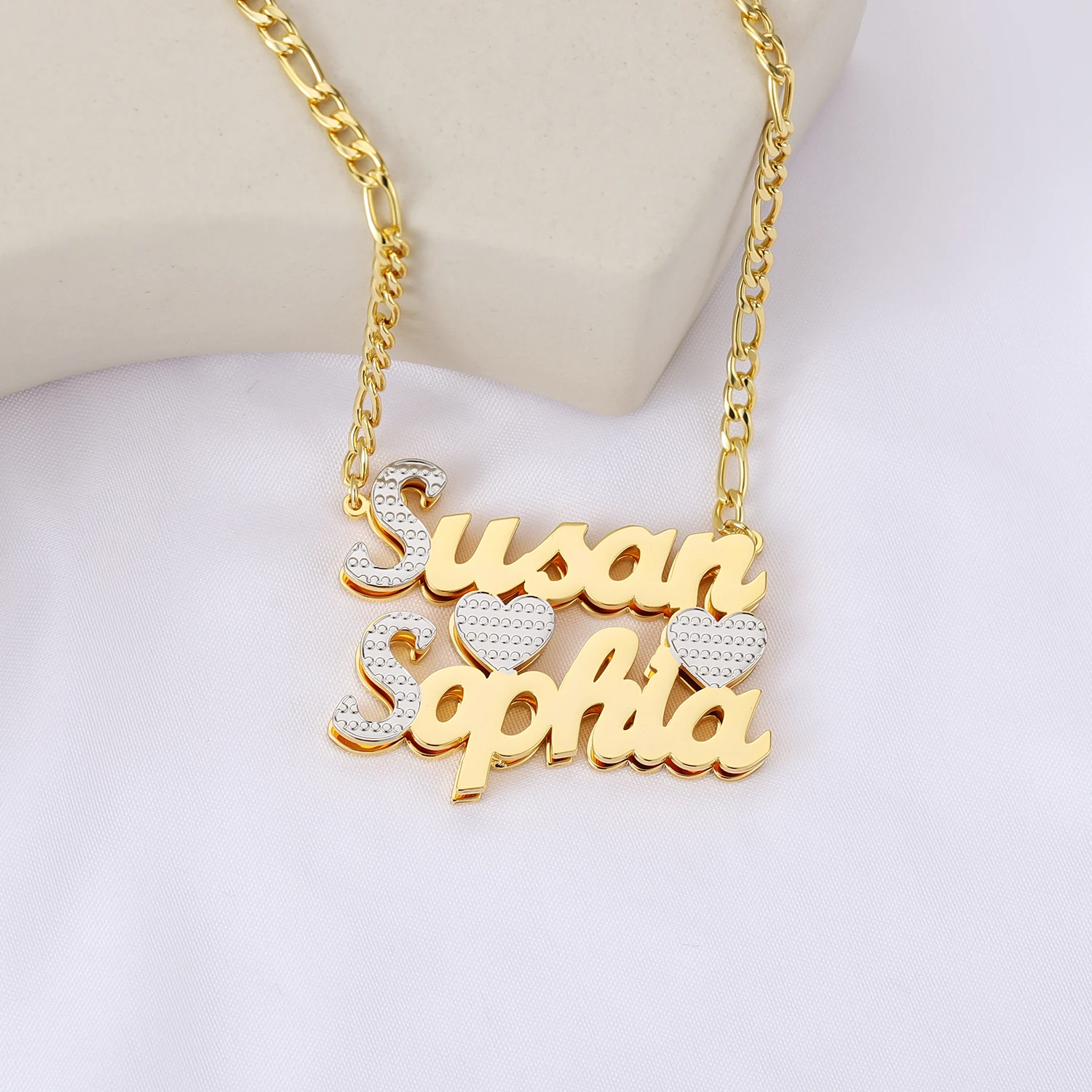 Neue personalisierte Namensschild-Namenskette, individuelle 3D 18 Karat vergoldete doppelte Diamant-Choker-Anhänger, zweifarbige Kette, Muttertag – Detail 3