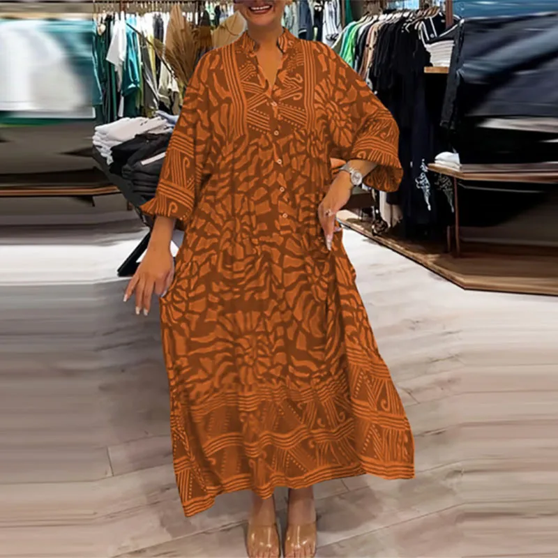 Fashion Long Sleeved High Waist Dresses Elegant V Neck Floral Print Party Dress 2025 New Casual Boho Pleated Maxi Dress Vestidos