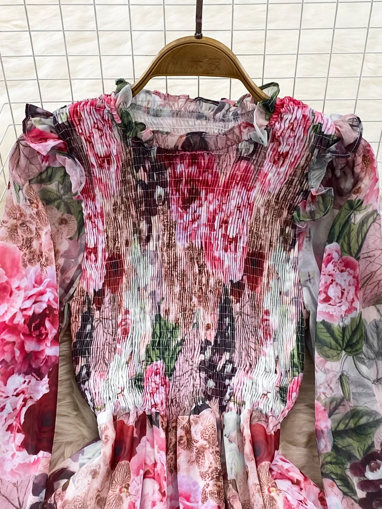 Autumn Vintage Women Floral Chiffon Midi Dress Elegant Ruffle Stand Collar Lantern Long Sleeve High Waist Big Swing Draped Robe