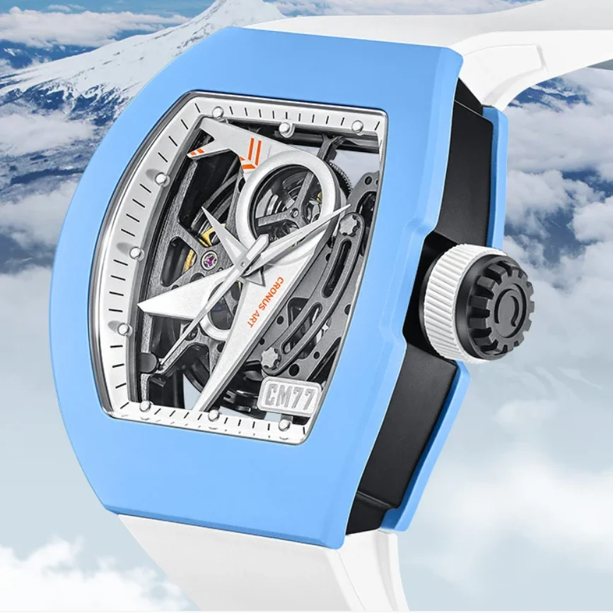 

CRONUSART Мужские автоматические часы Tonneau Корпус Механические наручные часы Корпус из углеродистой стали Люминоу Фторкаучуковый ремешок Циферблат самолета