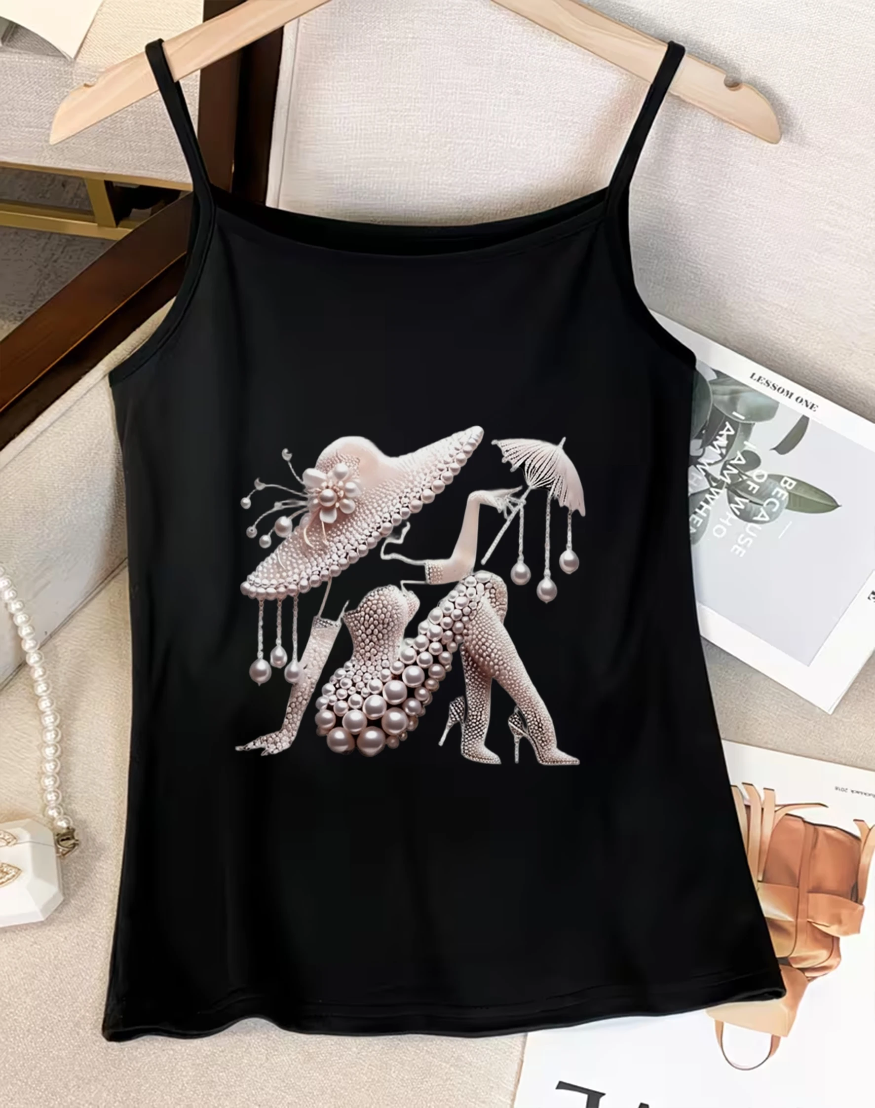Elegant Fashion Graphic Tank Blouse Womens Summer Sleeveless Spaghetti Strap Camisole Casual Top with Luxury Lady Painting