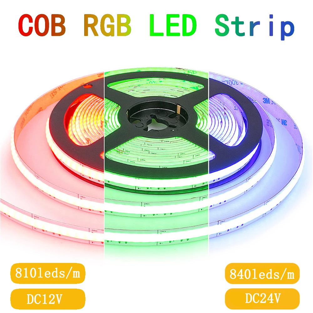 

COB RGB LED Strip Lights DC 12V 24V 840LED/M High Density Flexible Ribbon RGB Tape For Wall Room Indoor Decoration Lighting