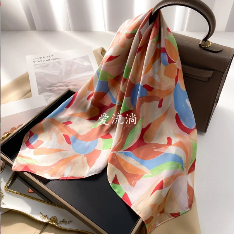 Luxury Design Red Print Silk Square Scarf Women Bag Soft Satin Hairband Neckerchief Office Hijab Headband Foulard Gift 70*70cm