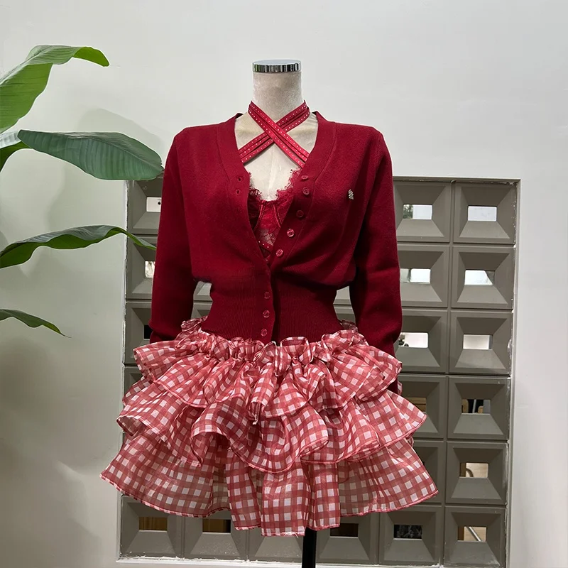 

Red Knitted Lace Top And Plaid Eurotulle Skirt Set Chic Waist-Cinching Vest Sle Long Sve Button Closure Casual Outfit fo...