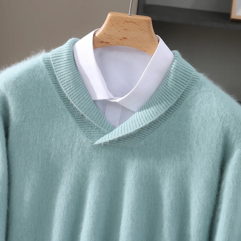 Fall/Winter 2025 New Mink Cashmere Men's Green Collar Solid Color Sweater Pullover Casual Wool Knitted Bottom Shirt