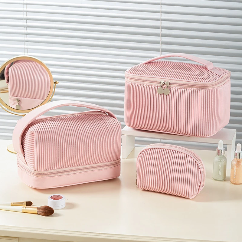 Bolsa de cosméticos impermeable de PU para mujer, estuche de maquillaje de viaje de gran capacidad, bolsa de baño de doble capa, Kit de aseo