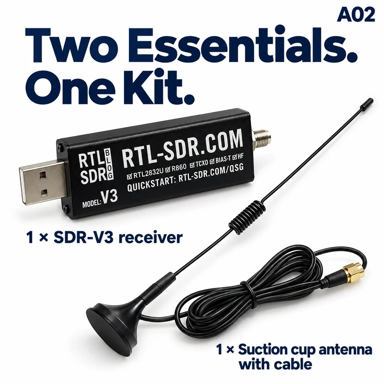 RTL-SDR V3 USB Software Defined Radio Receiver RTL2832U R860 500kHz-1.7GHz 1PPM TCXO with Suction Cup Antenna Kit