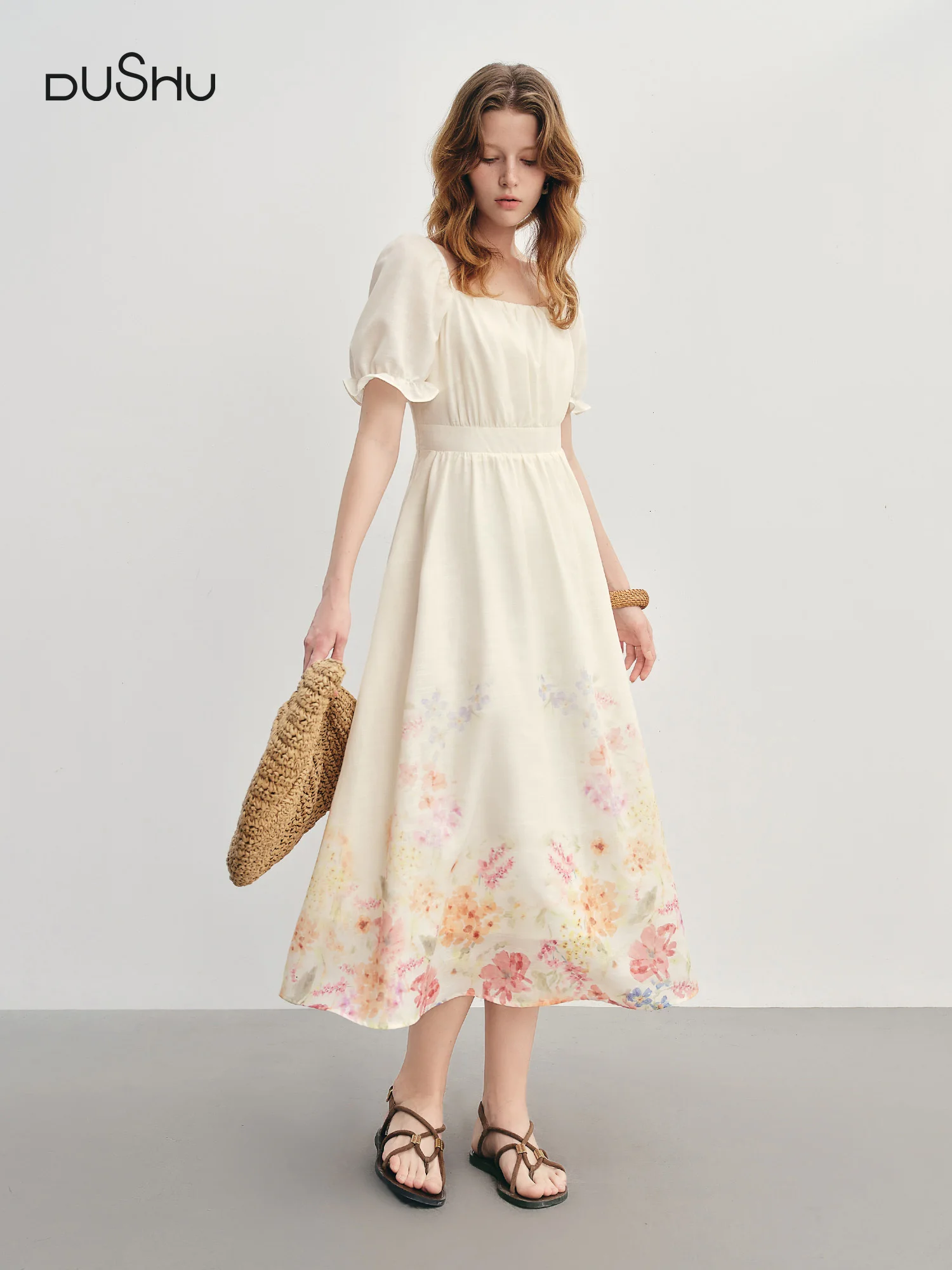 

​DUSHU Summer 2025 Textured Floral Dress - Regal Bubble Sleeve Fluid Silhouette Resort to Office​