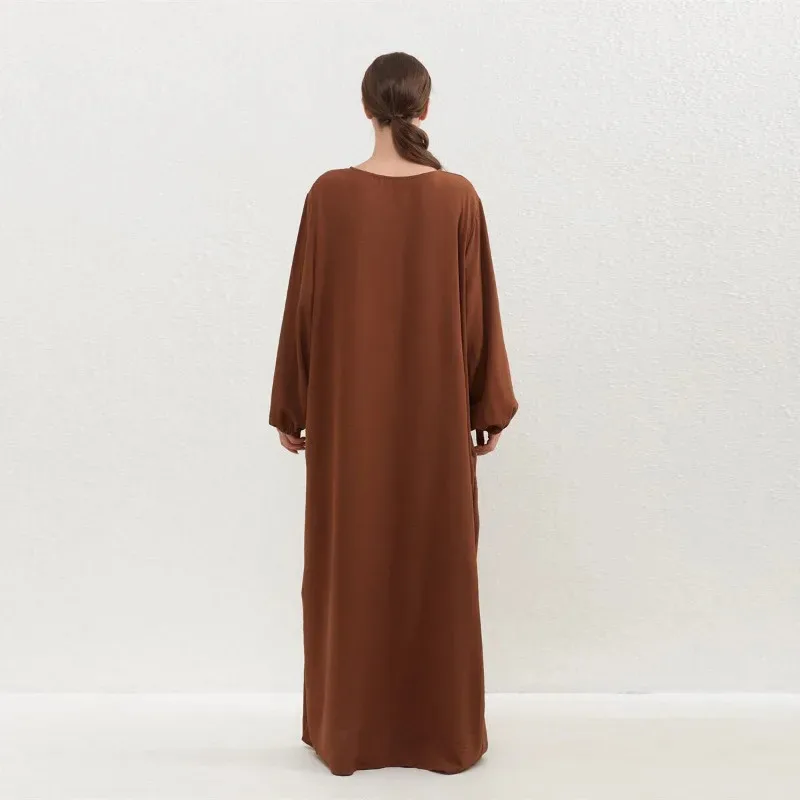 Bonny Women Pocket Maxi Dress: Loose Full Sleeve O-Neck Solid Robe Muslim Long Dress Spring Autumn
