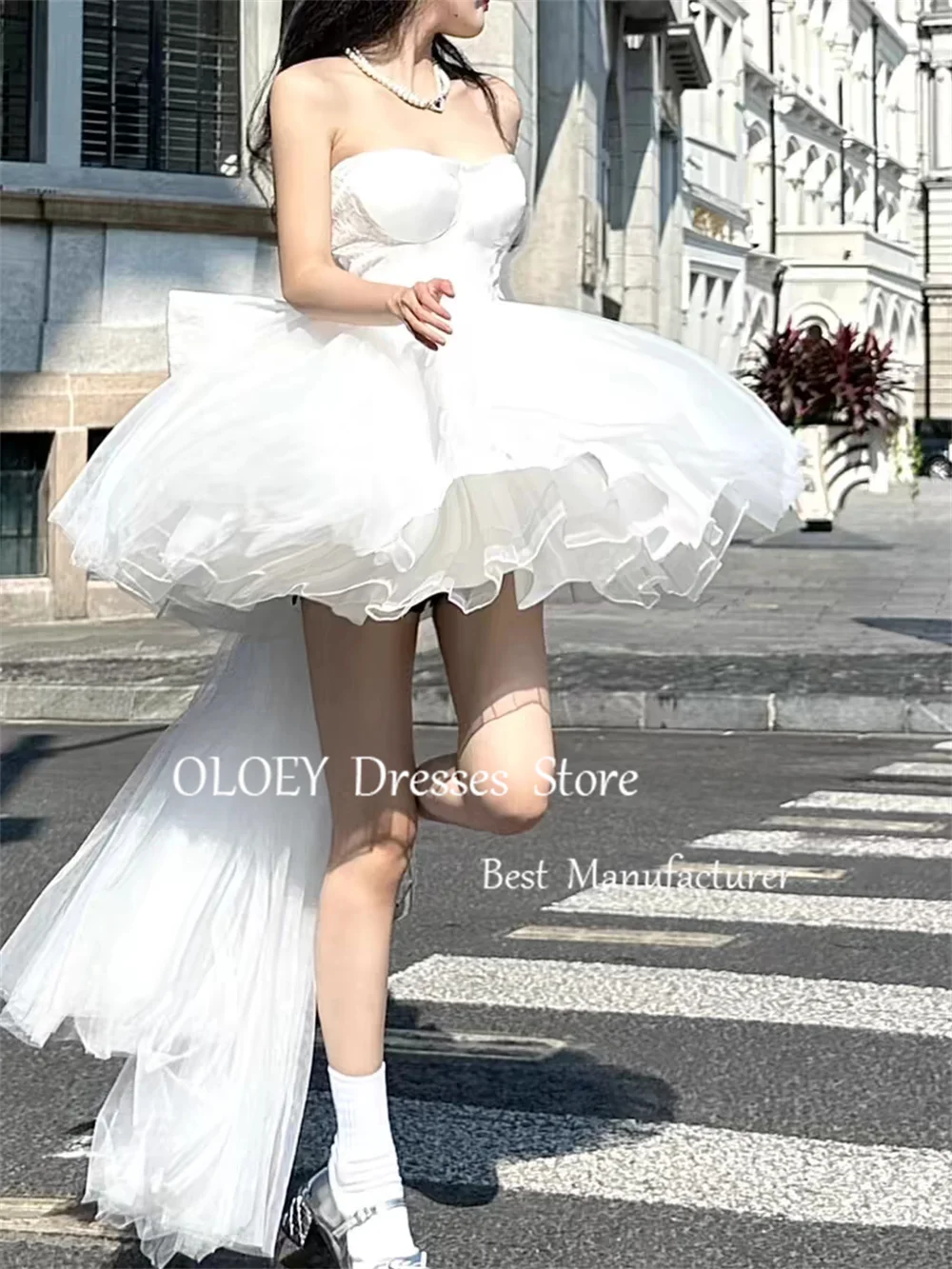 OLOEY Ivory Mini Puffy Wedding Dress Sleeveless A Line Short Bridal Gown Silky Organza Bow Zip Back Prom Cocktail Dress Custom