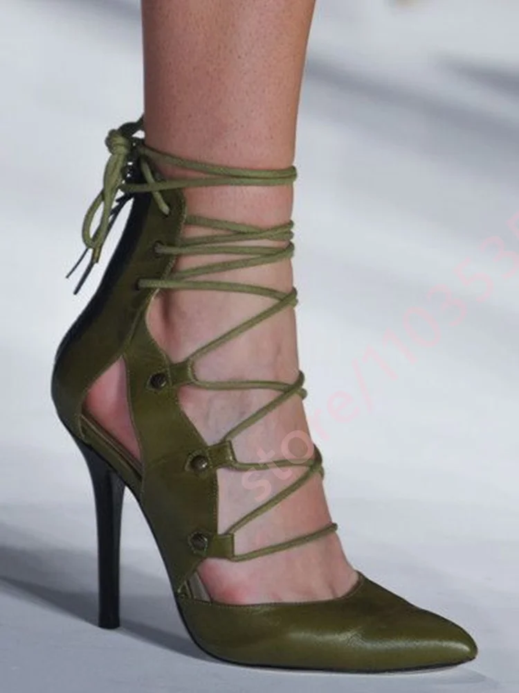 Sexy Women Pointed Toe High Heels 2026 Summer New Cutout Ankle Lace Up Stiletto Heel Back Tie Evening Party Fashion Pumps Shoes
