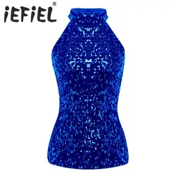 Women Ladies Sleeveless Vest Tank Tops Fashion Shimmer Flashy Sequins Embellished Halter Neck Halloween Clubwear Rave Costumes