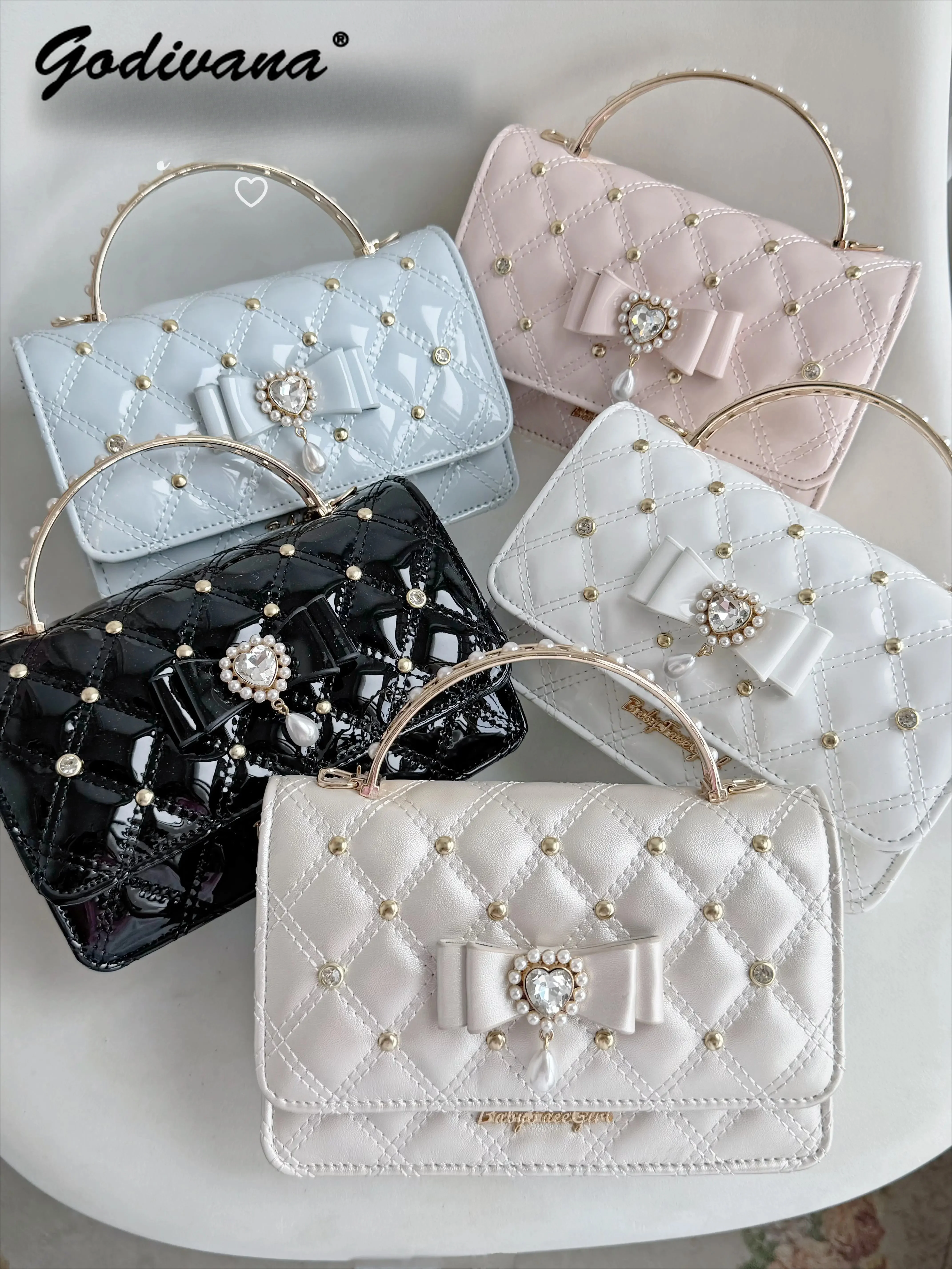 Sweet Cute Pearl Rhinestone Bow Rhombus Mini Bags Japanese Style Lolita Handbag Crossbody Mass Production Totes Shoulder Bags