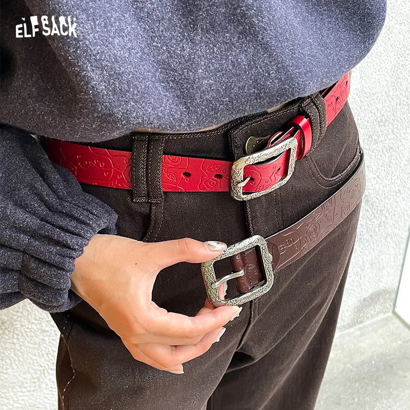 

ELFSACK 2025 Winter New Arrivals Y2K Vintage Reversible Rose Pattern Belt For Woman