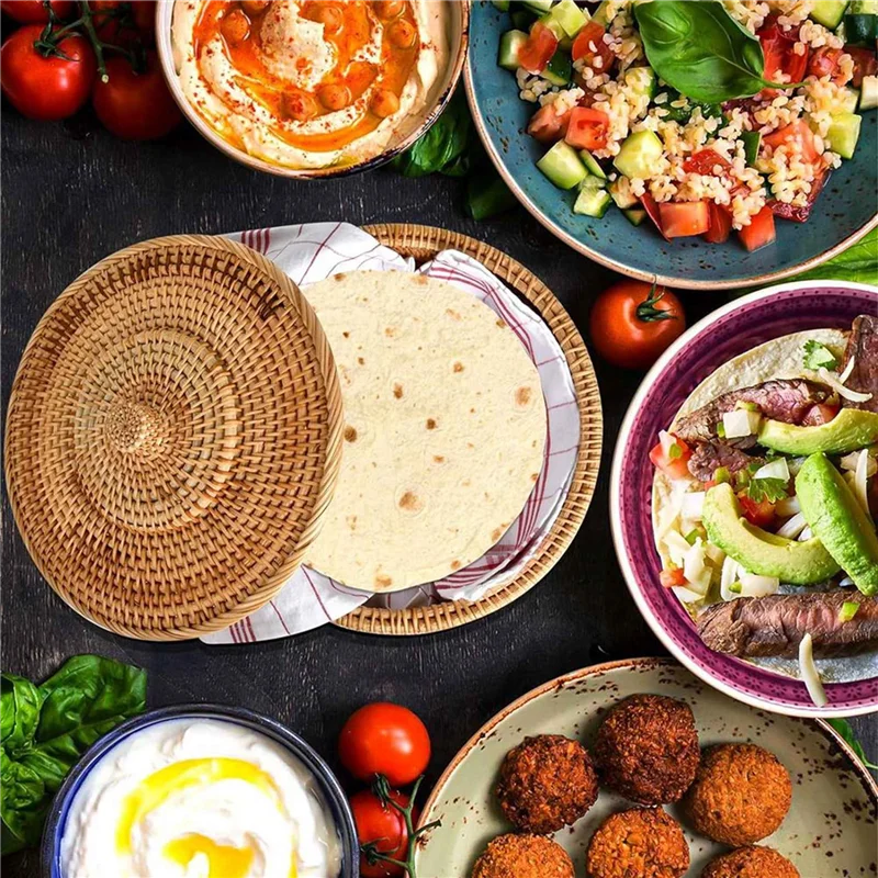 

A19F-Round Rattan Boxes With Lid Hand-Woven Multi-Purpose Wicker Tray 10.2Inch Picnic Food Bread Table Storage Basket