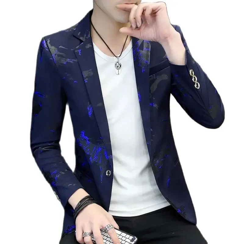 2024 New White Printed Suit Jacket Men's V-neck One Button Blazers Youth Handsome Trend Slim Print Suit Jacket Big Size S-4XL 5X