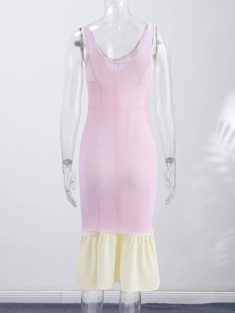 Transparentes Mesh-Overlay Spitzenbesatz Slip Langes Kleid Damen Sexy V-Ausschnitt Ärmellos Bodycon Kleider Charmante Figurbetonte Kleider für Dates und Partys – Detail 7