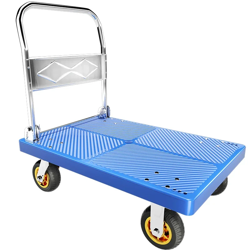 Heavy Duty 1100lb Load 900mm*600mm Size Warehouse Blue/Black Plastic Flatbed Folding Platform Trolley With Square Tube At Base