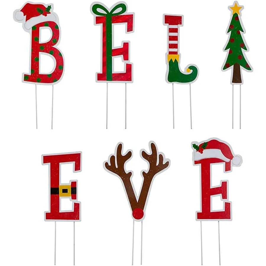 

7 комплектов Believe Christmas Yard Stakes 23 "H металлические садовые украшения Настенный декор для рождественских украшений