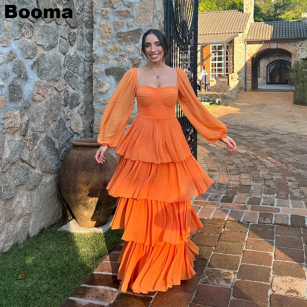 

Booma Orange Chiffon Formal Prom Dresses Square Collar Long Sleeves Tiered Women's Evening Dresses Floor Length Party Gowns gala