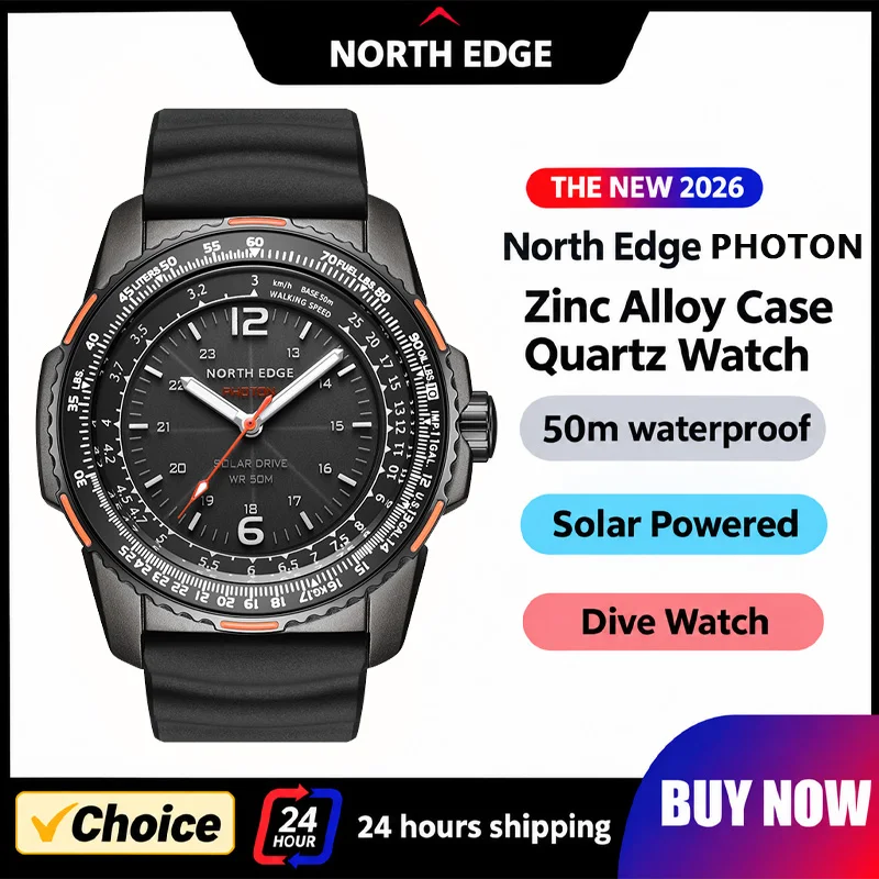 NORTH EDGE Gift Box Watch for Man Solar-powered PHOTON Fashion Quartz Watch Waterproof 50M Sport Silicone Strap Men Watch Reloj