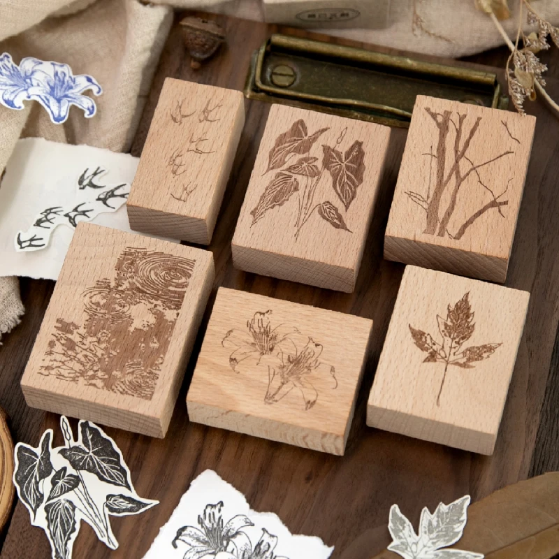 Sello de madera retro con diseño de ramas de árbol y ondas, temática vegetal, para proyectos creativos, manualidades y papelería
