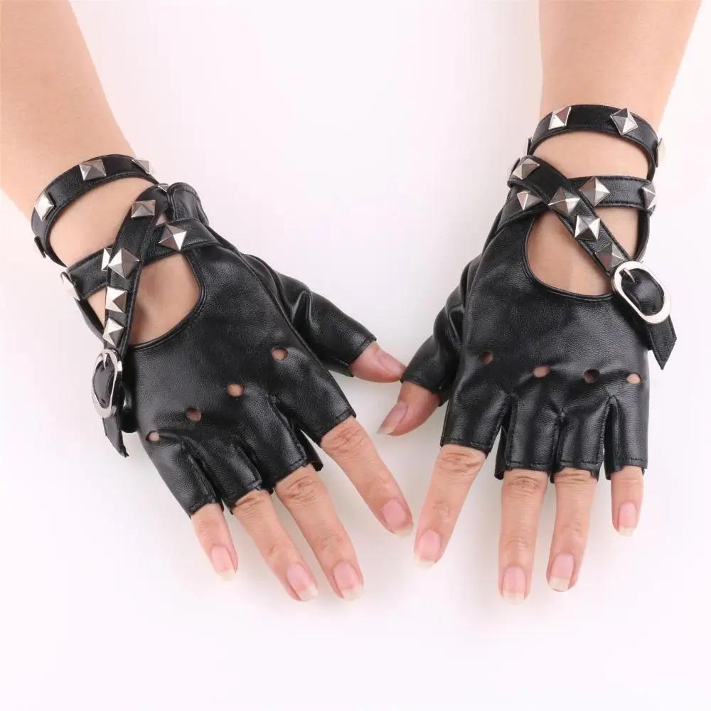 Unisex Fingerless Halloween PU Leather Gloves Motor Cool Rivet Sexy Disco Dancing Rock and Roll Black Red White Punk Gloves