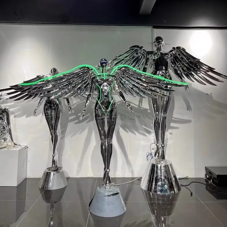 Custom LED Neon Cyberpunk Chrome Female Android Sculpture Illuminated Mannequin for Nightclub Event Stage Contemporary Art
