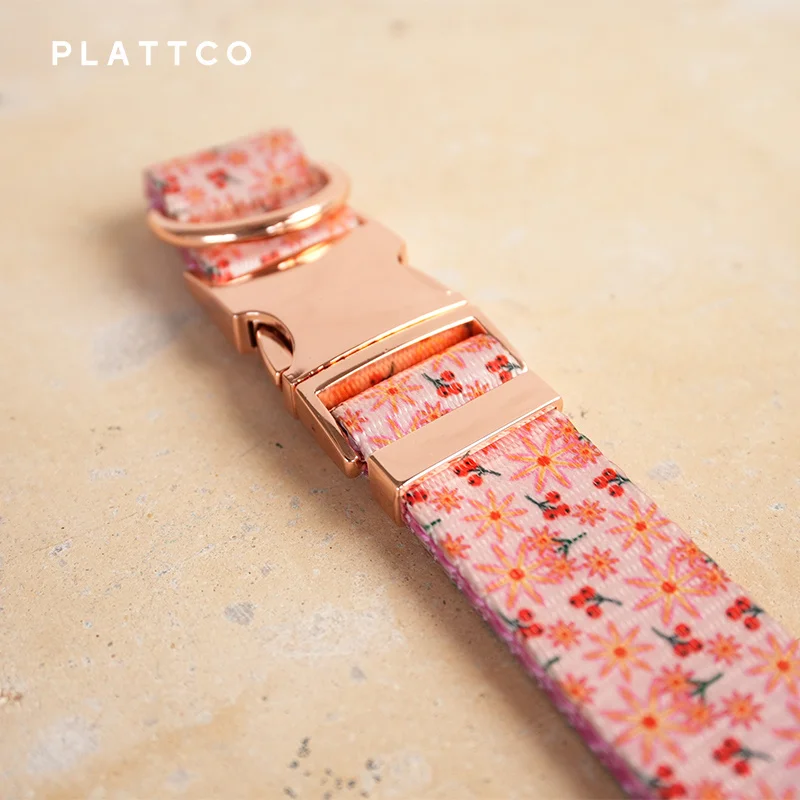 PLATTCO unique design dog collar print PINK LILY pattern with high-quality rose gold buckle 5 size PDC301RG